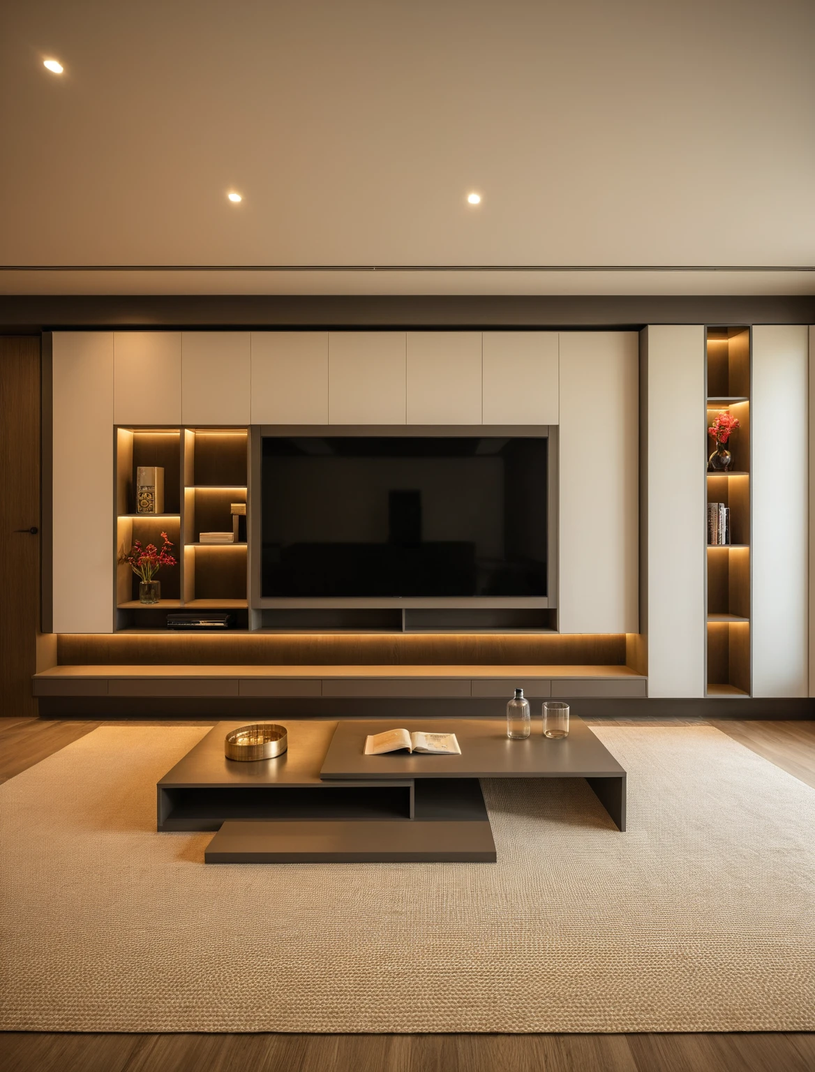 Raw photo,Masterpiece, high quality, best quality, authentic, super detail, interior , sunset, daylight, living room style modern, TV cabinet, TV, decorative cabinet, books, flower vases, bottles, tea table, tray, wine bottle, open book, carpet, wooden floor, curve