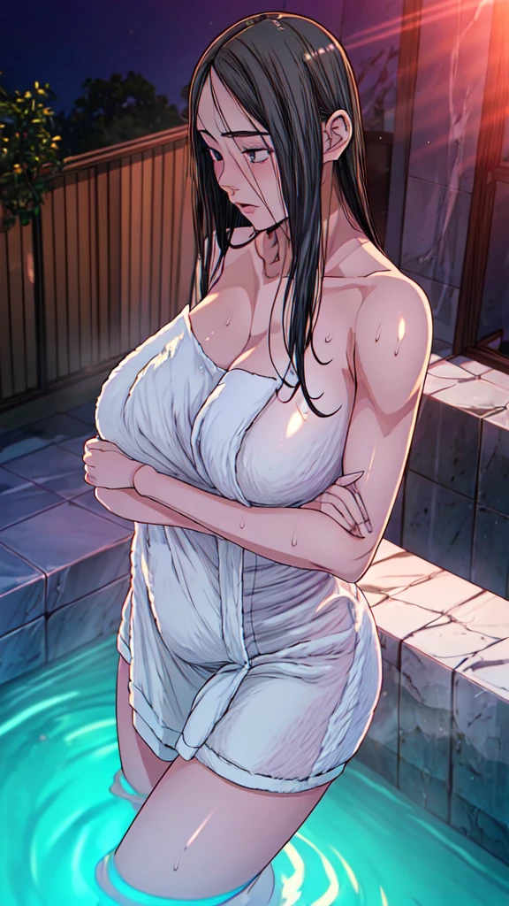 1girl, (mature female, older, huge breasts:1.4), milf, motherly, wide hips, curvy, naked towel, collarbone, lips, HDR, big ass, realistic, hyper detail,very precise detailed,ultra high resolution,extremely detailed CG unity 8k wallpaper,(Realistic,Photorealsitic,hyper realisitic:1.5), girls only, dynamic lighting, ((bold imaginative poses)), (Glossy skin:1.5), masterpiece, highest quality, disorganized, Audience,(Wearing a bath towel:1.4), (purple hair 1.4),((beautiful, fine eyes:1.3)),(wet clothes:1.4), thin, High resolution, sharp focus, Depth of the bounds written, eye for detail, clear eyes, ((Aesthetic Anime Eyes:1.4)), outdoors, sunrise sky,Open-air bath at a long-established hot spring inn,(Wearing a bath towel:1.4)