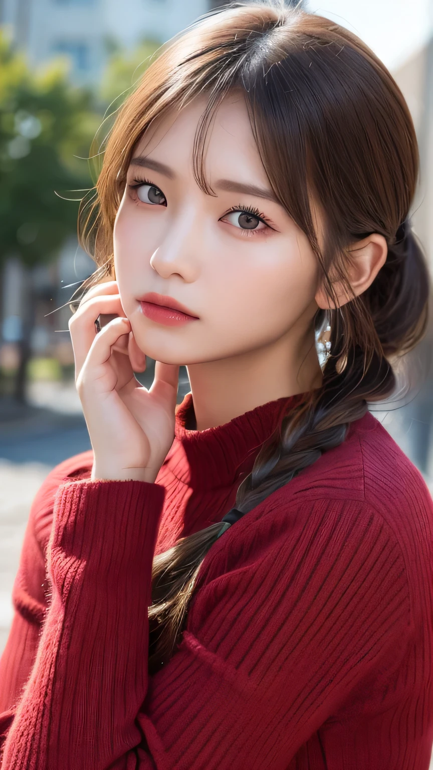 (masterpiece:1.3), (8K, Photorealistic, Raw photo, Best image quality: 1.4), 20-year-old girl、(Random Hairstyles:1.2)、Super detailed face、Attention to detail、double eyelid、Sharp focus:1.2、Beautiful woman:1.4、Light brown hair、ponytail、Natural color lip、Highest quality、masterpiece、Ultra-high resolution、(Photorealistic:1.4)、Highly detailed and professional lighting、Wear a red sweater、thin、Serious expression、Clear Skin、Random pose、Shiny Hair、Sculpture model pose、