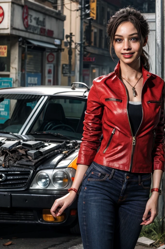 1girl, (realistic),(hyperrealism),(best quality),(masterpiece),(ultra high res),(photorealistic),idol,eye makeup,detailed eyes,detailed face,black dress, claireredfield2, brown hair, (red jacket:1.2), ponytail, (denim pants:1.3),, red wristband,, abandoned street, burning cars in background, littered street, smoke, chaos, zombie apocalypse, daytime, sunny,, hands in pocket, looking at viewer, smiling, closeup shot