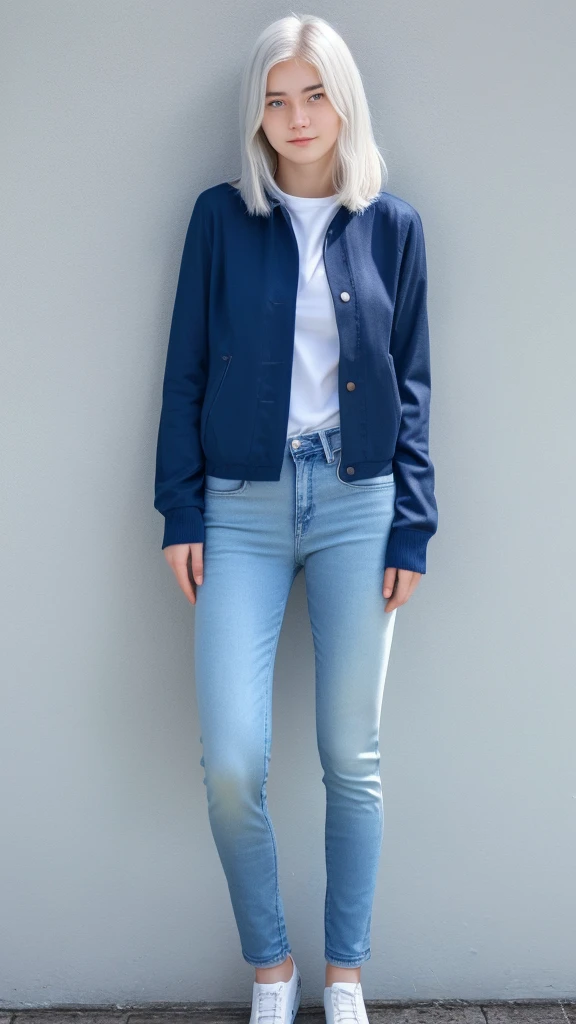 17 year old girl, with white hair, blue eyes and white skin with jeans full body