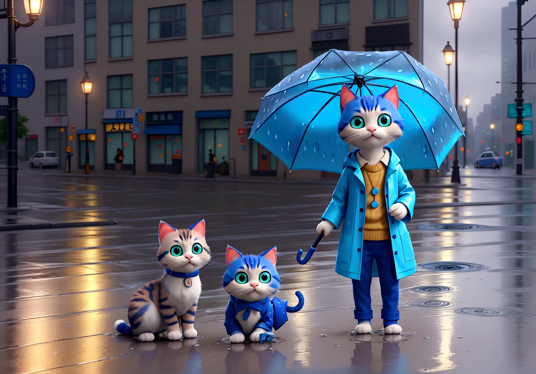 Wearing a blue raincoat in the rainy city、Cute kitten holding a blue umbrella。In the background there are blurry street lights and a puddle.、Water is splashing at the cat&#39;s feet