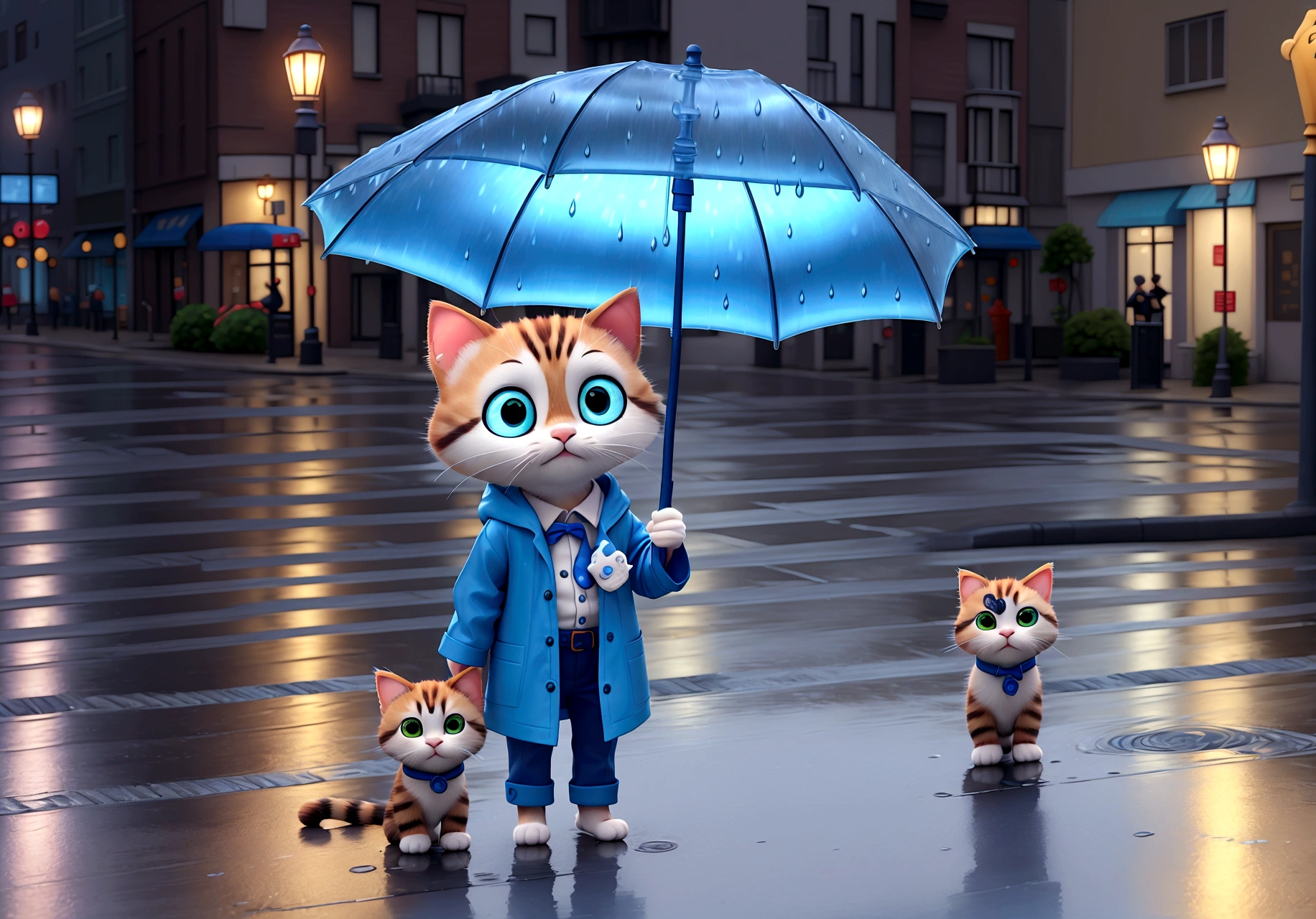 Wearing a blue raincoat in the rainy city、Cute kitten holding a blue umbrella。In the background there are blurry street lights and a puddle.、Water is splashing at the cat's feet