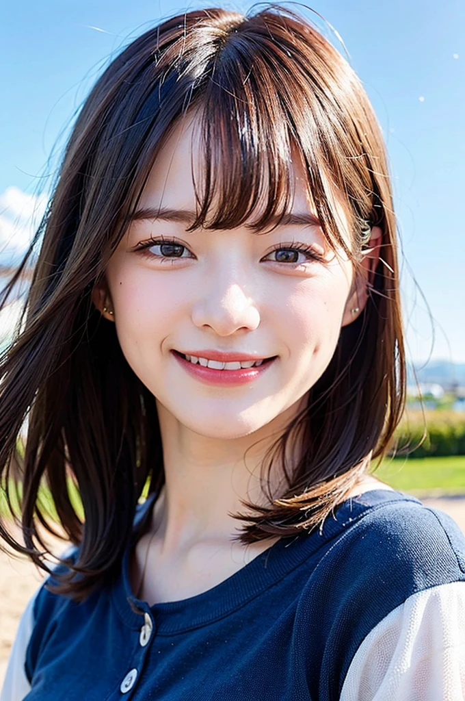 (8K, RAW Photos, Highest quality、masterpiece:1.2), (Realistic、Realistic:1.37), 1 girl, huge laughing, View your audience, The background is blue sky, Blurred Background, Particles of light, Strong winds,