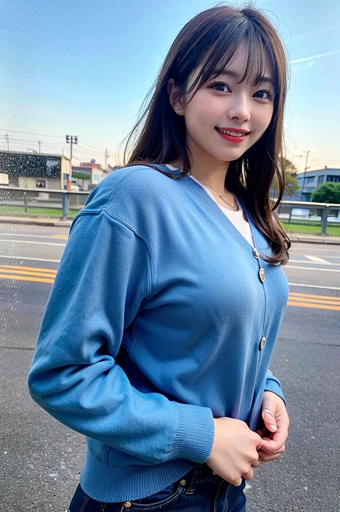 (8K, RAW Photos, Highest quality、masterpiece:1.2), (Realistic、Realistic:1.37), 1 girl, huge laughing, View your audience, The background is blue sky, Blurred Background, Particles of light, Strong winds,