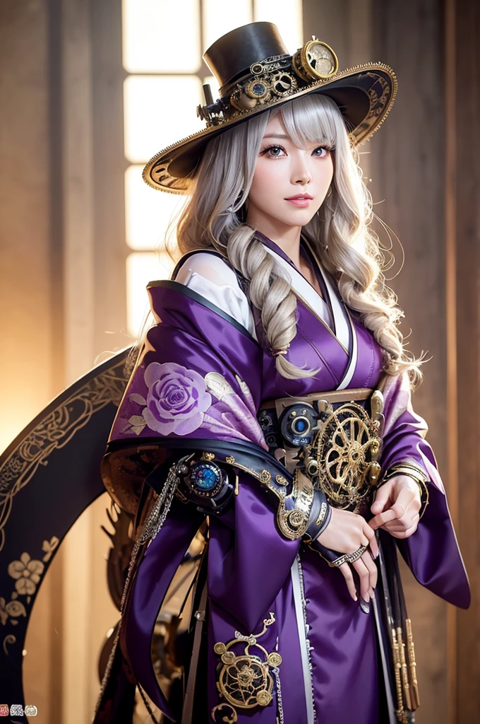 Woman portrait、Highest quality、Rear view、8K, clear, Fine skin、Clear, beautiful eyes、The beauty of a smile、Bright beautiful face、whole body、Curly Hair、My hair was messed up by the wind、(Glamorous Muscle、tall),(Hip_superior, Hip superior), Beauty,( Watching the audience),Realistic, High resolution, Soft Light,1 female, One person,blonde hair,Long Hair,bangs,Fine Skin, Naughty look,((Steampunk kimono,Damask rose,Mature Woman)),Steampunk style girl、Costumes decorated with lots of gear and watches,(Silver and purple stripes,Sailor-style armor with collar)、Beautiful Steampunk Guild Staff Costume Banker Uniform,(Silver and purple mech,銀のスチームパンクの銀のSteampunk kimono, High-tech Mecha,beads,elbow gloves、Gemstone Helmet,Luxurious obi,Lavish decoration)、((arms behind back)),(bokeh),(studio lighting)