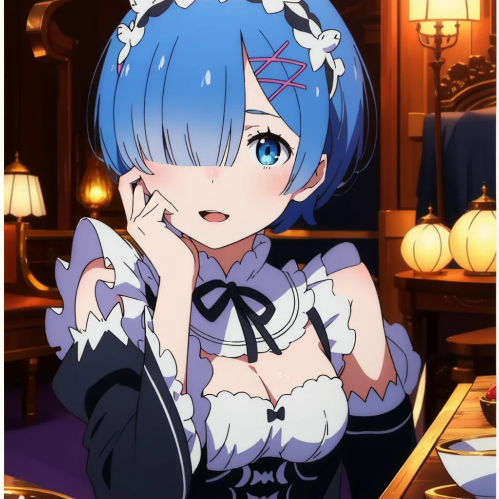 masterpiece, best quality,(colorful), (delicate eyes and face), volumetric light, ray tracing, extremely detailed CG unity 8k wallpaper, remrin, blue hair, hair over one eye, medium breasts, maid, purple ribbon, maid headdress, roswaal mansion maid uniform, white apron, detached sleeves, (looking at viewer:1.1), open mouth, smile, yandere trance, yandere, hands on own face, hands on own cheeks, dark background, card around