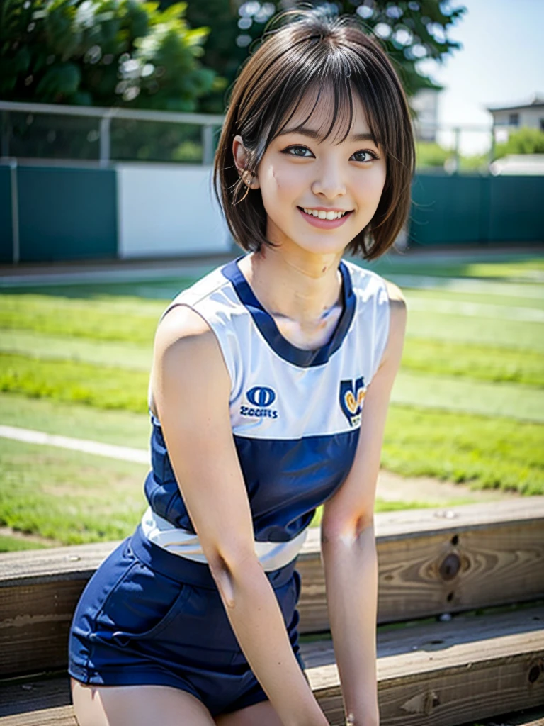 (Best-quality, Masterpiece, Ultra-High-Resolution, (Photorealistic:1.4), Raw Photo,  depth of field, professional lighting, perfect anatomy, extremely details), 1girl, -yeld, thost famous Japanese idol, standing on athletic-stadium, looking at viewer, innocent smile, ((wearing white track and field sleeveless-uniform)),navy blue high-leg bloomers, ((extremely cute face like the most popular Japanese idol, ((extremely cute big-eyes)), extremely cute short-cut-hair)), (((extremely beautiful and extremely realistic skins)))