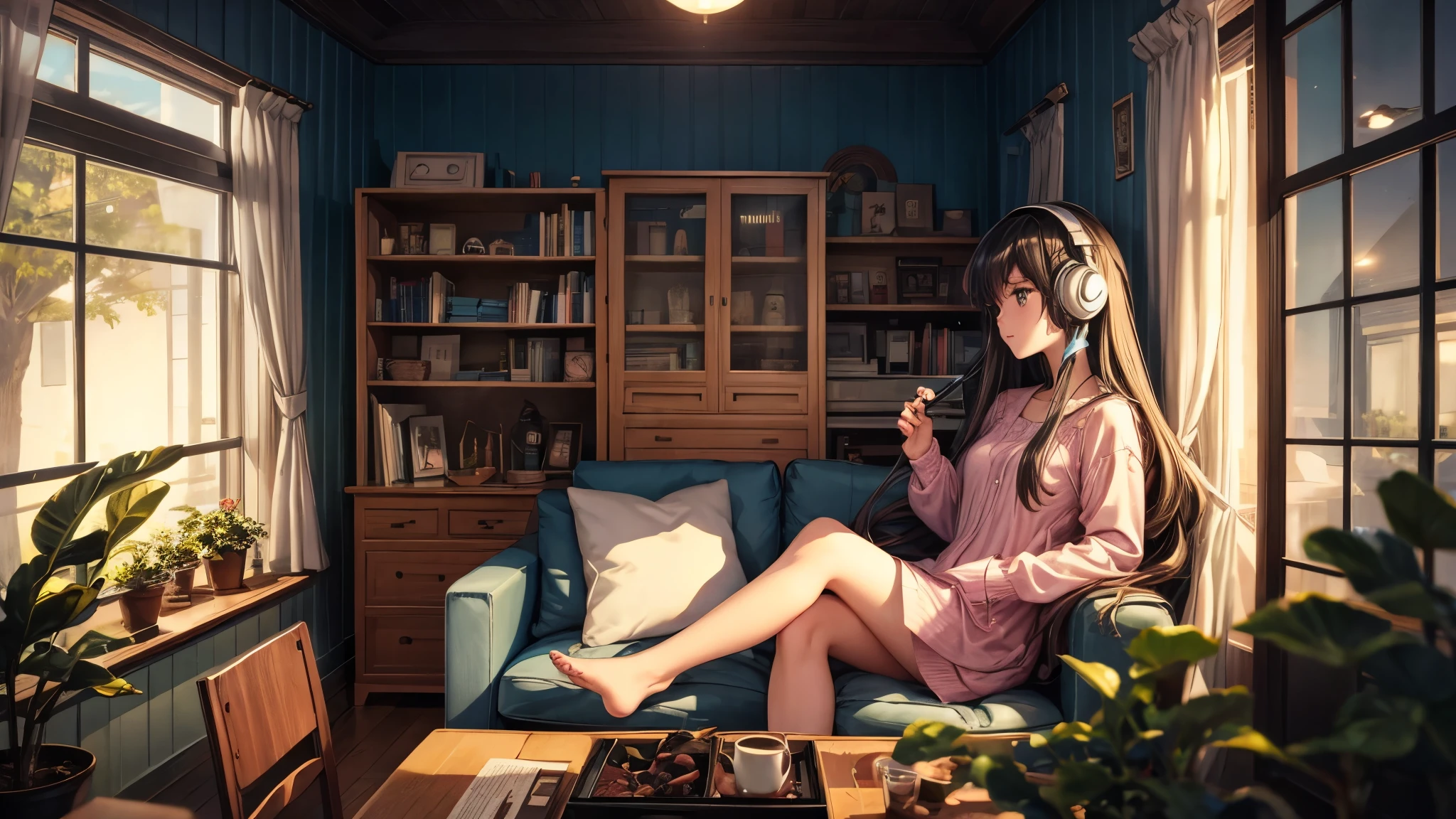 Chill night countryside Inside the apartment Retro girl ennui listen to music Headphones Long Hair
