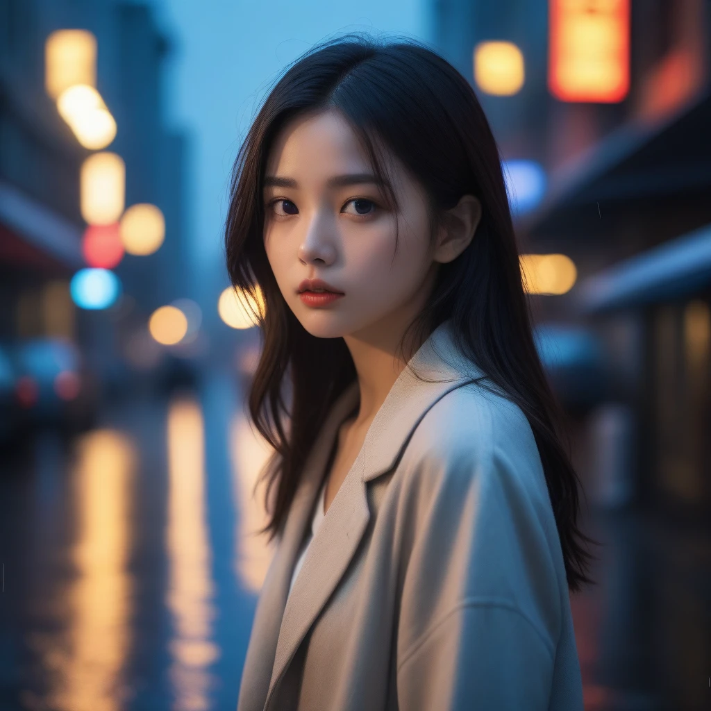 8K, Ultra-high resolution, best quality, masterpiece, Surreal, photo,Three-Part Approach, 1 girl, (16 years old:1.3), pretty girl, Cute face, Beautiful eyes in every detail,(best quality,masterpiece:1.3,8K),(Practical:1.4,RAW Shooting,Caustic lines),of the night city,(heavy rain:1.2),Street Lights,(Street Lightsの光を反射して白く輝く雨粒:1.2),(The woman looked up at the sky),Medium-length hair,Sad expression,long coat,Chest close-up,((Thin legs))、A bold gesture,Super cute supermodel、Look closely at the camera,鮮明なdetailed、detailed、Surreal、Light and Shadow,glare,Fashion magazine cover,Thin lips