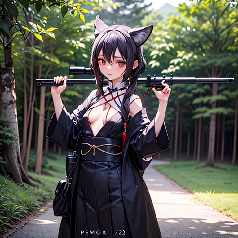 (Fox Girl, Fox Ears, Black colored hair, Fox Makeup, One Girl, Long Hair:1.6), (kimono, Kimono with open chest, A beautiful kimono with red and black patterns, I can see her , Open chest, Skin is visible:1.8), (Body measurements are 75-60-75!, Young girl body, Small breasts,breasts, Emphas chest, Sniper stance, Ready your gun?, Use PGM Ultima Lao Hecate 2:1.9), Avatar, face, lewd face, Dominant reentation, n face, Uplifting, Skin Texture, outside, Grassy field