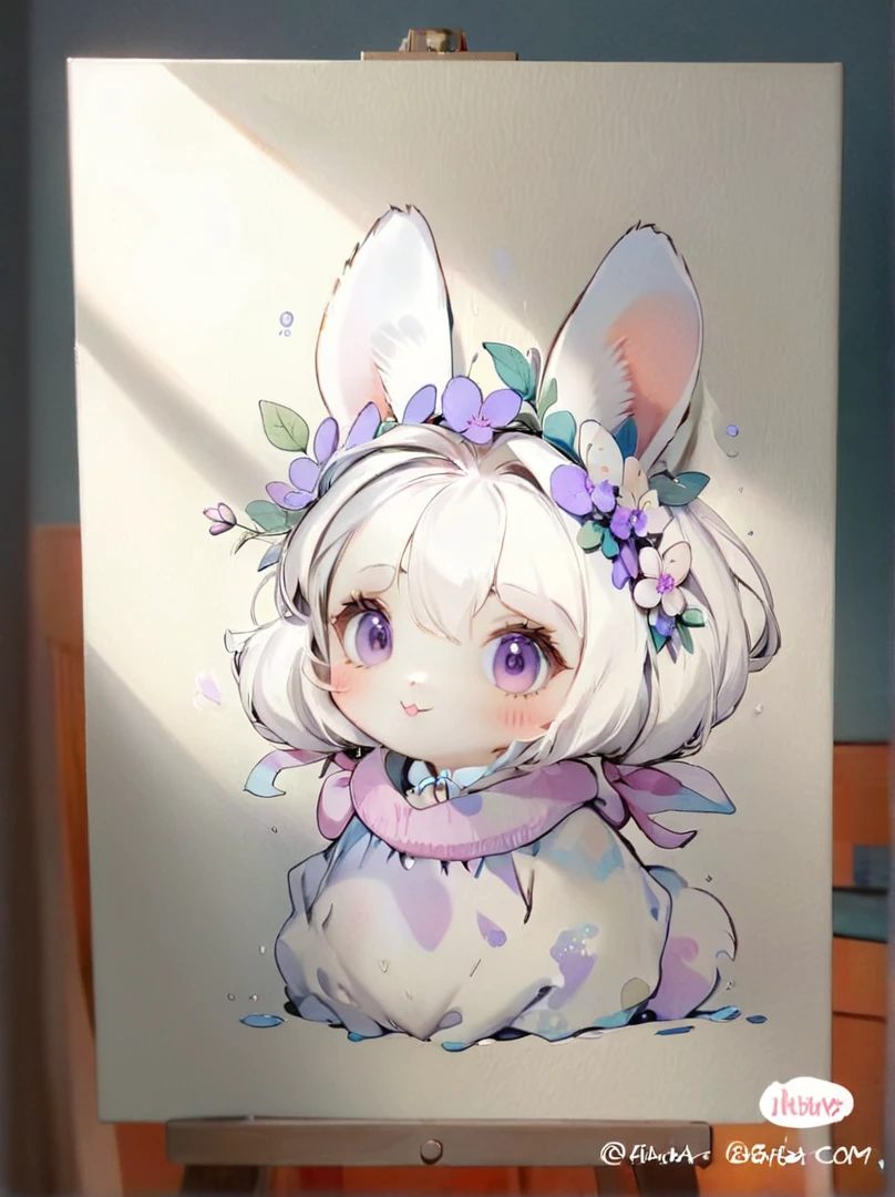 Someone is holding a painting，The painting shows a rabbit with a flower on its head, cute的详细艺术品, cute的艺术风格, Original《Q version bunny girl》, cute的图画, cute细致的数字艺术, cute的拟人化兔子, With rabbit ears, Kawaii realistic portrait, cute, High quality color sketch, Beautiful style, Watercolor Detail Art, cute的数字艺术, cute的艺术品