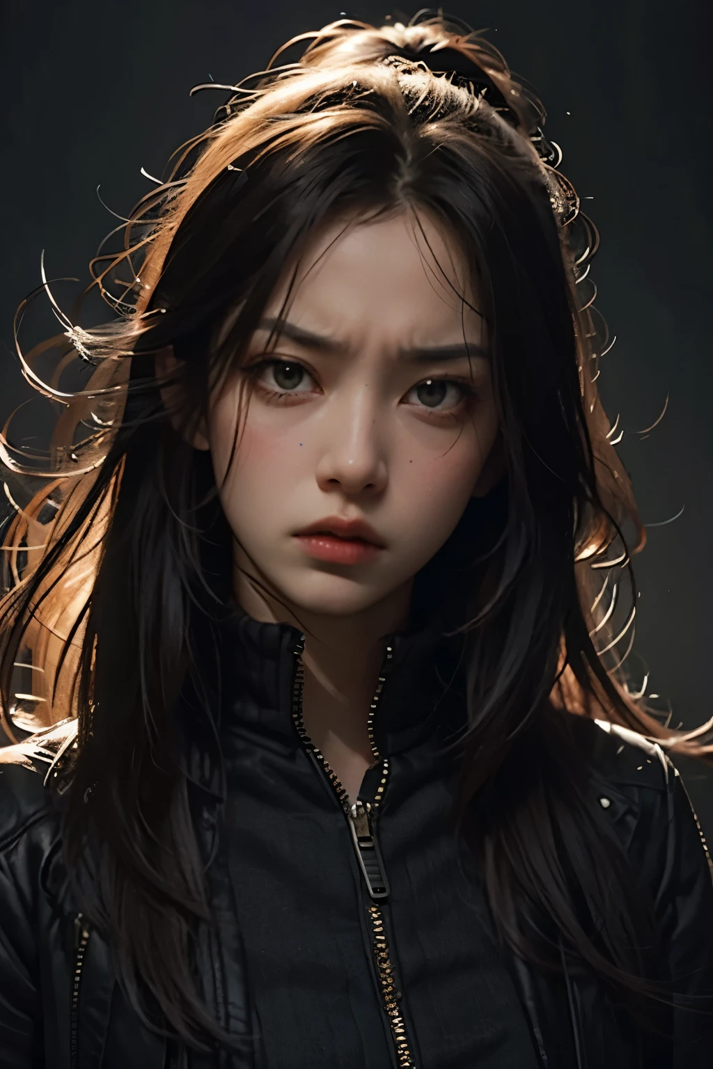 masterpiece, masterpiece, Highest quality, Highest quality, Realistic, Unity, 8k wallpaper, Official Art, very detailed CG Unity 8k wallpaper, (Realistic: 1.4), Super Detail, High resolution, Super Detail, wonderful, The finer details , Cinema Lighting, (brown|Black Hair:1.4), Medium Hair, (Reality Skin:1.2), (light brown skin:1.2), Beautiful details, The eyes and face are very detailed, Beautiful eye details, Large file size, Very detailed and beautiful, Dark Eyes, Model shooting style,(((Short biker jacket worn on the skin 1.85)))、(((Black Background 1.5)))、Vibrant poses、Loose wavy hair 1.5