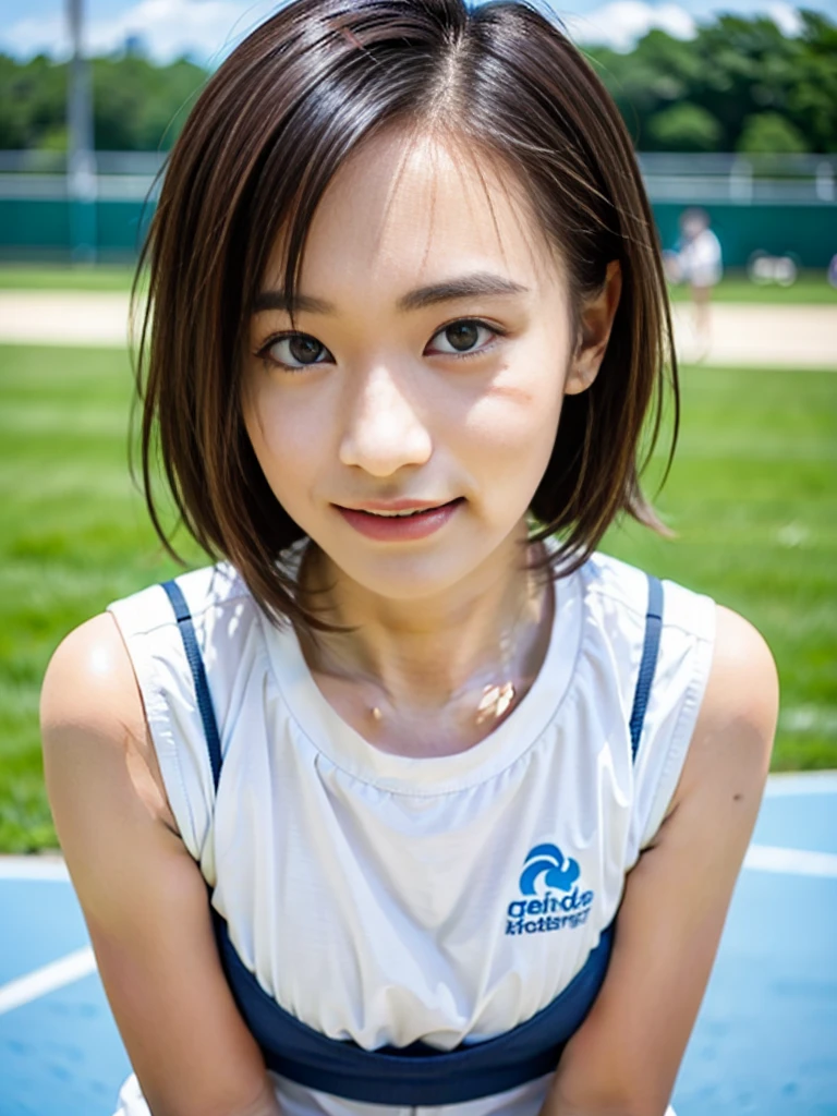 (Best-quality, Masterpiece, Ultra-High-Resolution, (Photorealistic:1.4), Raw Photo,  depth of field, professional lighting, perfect anatomy, extremely details), 1girl, -yeld, thost famous Japanese idol, standing on athletic-stadium, looking at viewer, innocent smile, ((wearing white track and field sleeveless-uniform)),navy blue high-leg bloomers, ((extremely cute face like the most popular Japanese idol, ((extremely cute big-eyes)), extremely cute short-cut-hair)), (((extremely beautiful and extremely realistic skins)))