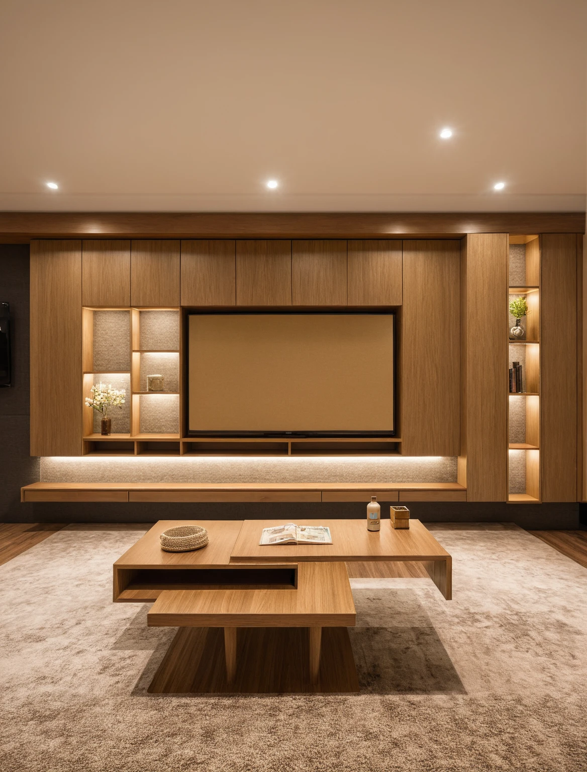 Raw photo,Masterpiece, high quality, best quality, authentic, super detail, interior , sunset, daylight, Modern luxury style living room, TV cabinet, TV, decorative cabinet, books, flower vases, bottles, tea table, tray, wine bottle, open book, carpet, wooden floor, curve