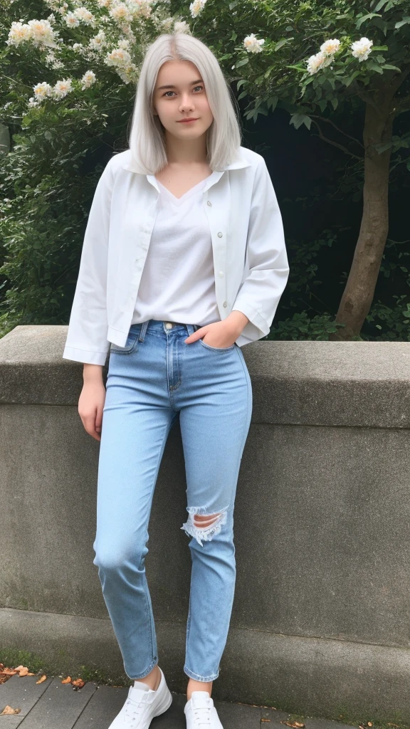 girl, with white hair, blue eyes and white skin with jeans full body