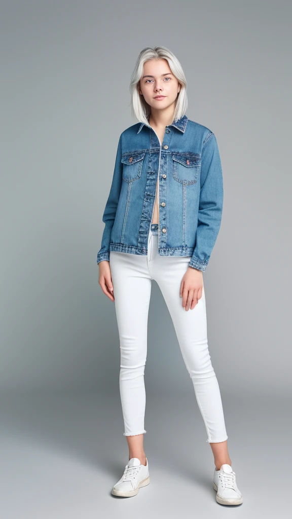 17 year old girl, with white hair, blue eyes and white skin with jeans full body 