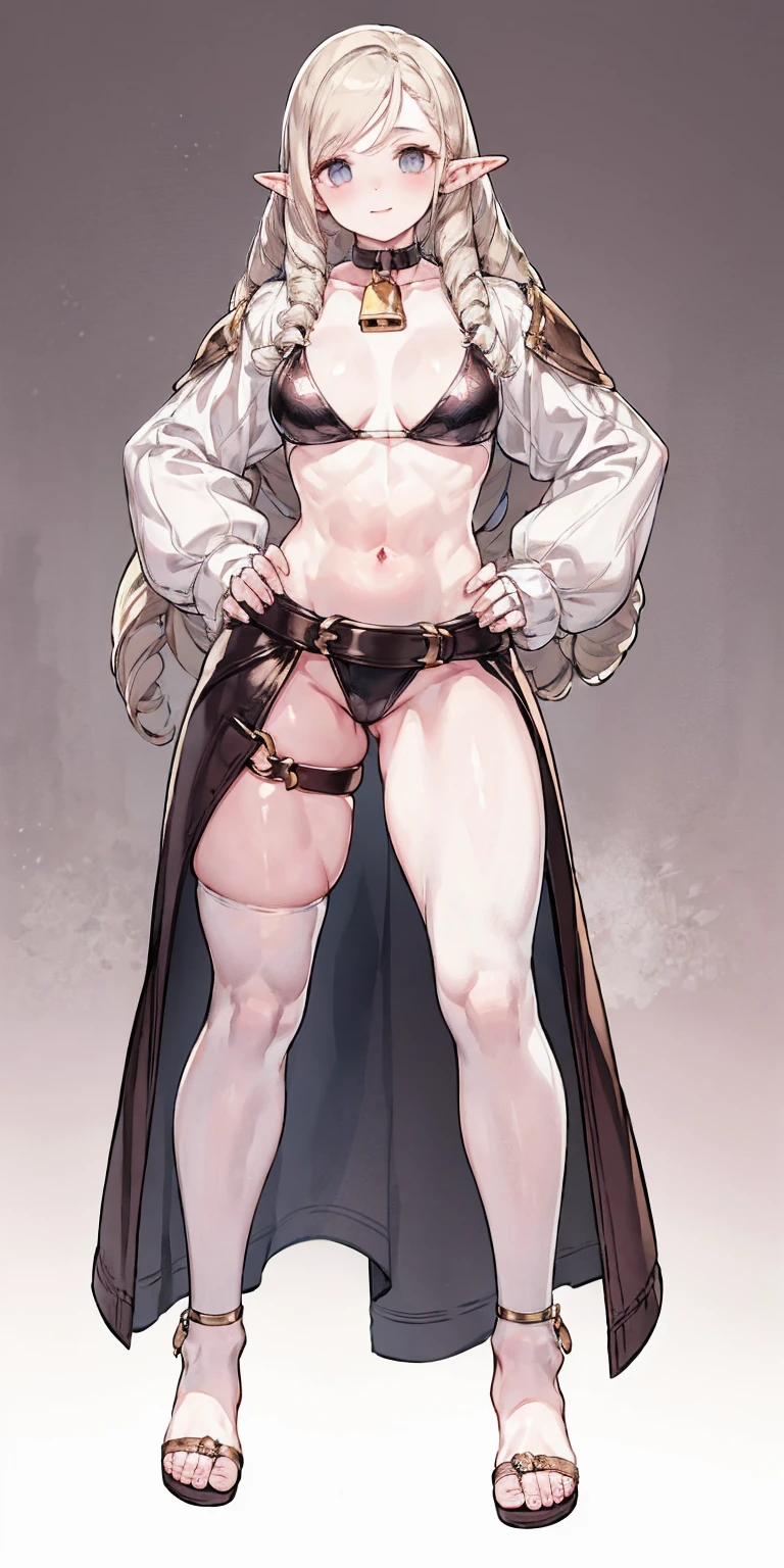 female drow elf blue pale skin full body whole body 1sologirl loincloth standing warrior proud expression, hands on hips, loincloth standing, hands on hips, metal sandals, leather choker with golden bell bellybutton navel, leather corset, big belt, view from below, feet together, bracers, tiara, barefoot no shoes, looking to viewer straight symmetrical, solo girl looking to the camera, cow bell choker leather collar choker neck bell, metal sandals, black and white bikini (cow pattern) black thigh highs