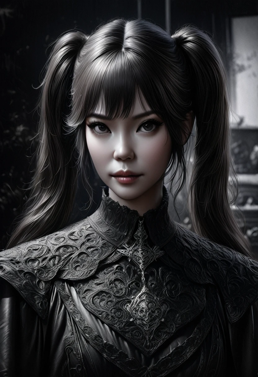 a girl with long twin pigtails, gothic lolita fashion dress, minimalist style, black and white monochrome, abstract surreal, highly detailed, masterpiece, (best quality,4k,8k,highres,masterpiece:1.2),ultra-detailed,(realistic,photorealistic,photo-realistic:1.37),dark moody atmosphere, dramatic lighting, sharp focus, intricate details