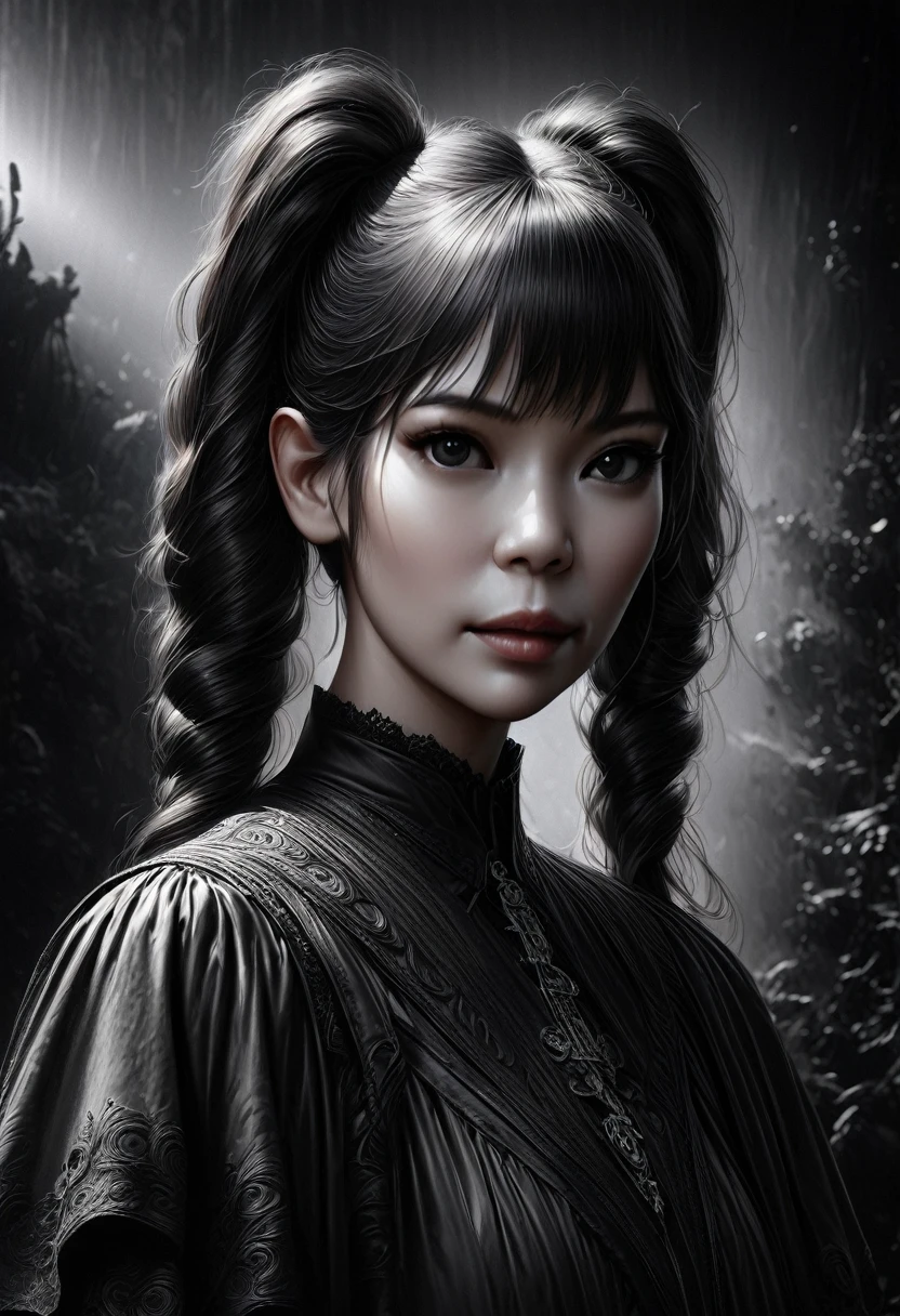 a girl with long twin pigtails, gothic lolita fashion dress, minimalist style, black and white monochrome, abstract surreal, highly detailed, masterpiece, (best quality,4k,8k,highres,masterpiece:1.2),ultra-detailed,(realistic,photorealistic,photo-realistic:1.37),dark moody atmosphere, dramatic lighting, sharp focus, intricate details