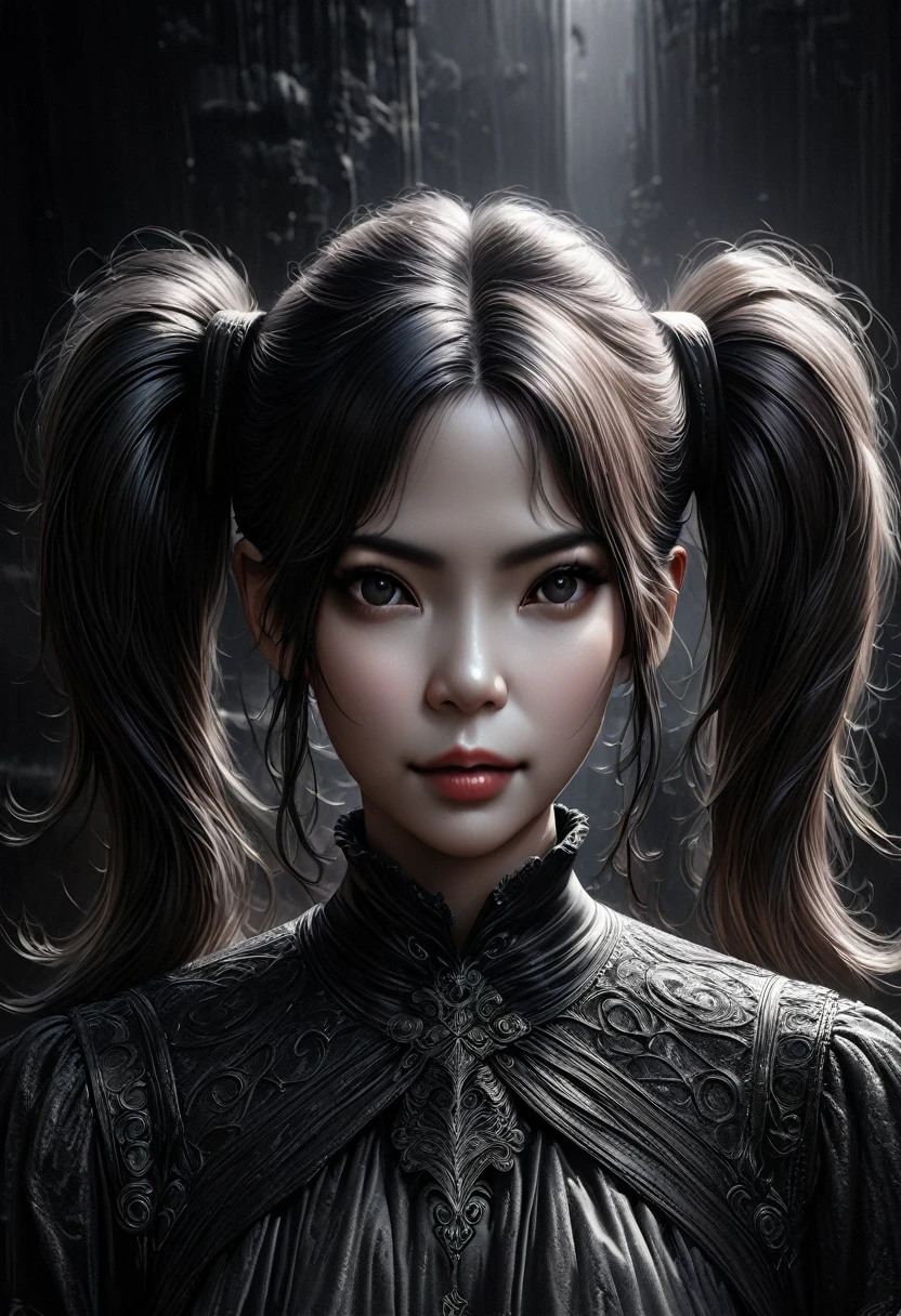 a girl with long twin pigtails, gothic lolita fashion dress, minimalist style, black and white monochrome, abstract surreal, highly detailed, masterpiece, (best quality,4k,8k,highres,masterpiece:1.2),ultra-detailed,(realistic,photorealistic,photo-realistic:1.37),dark moody atmosphere, dramatic lighting, sharp focus, intricate details