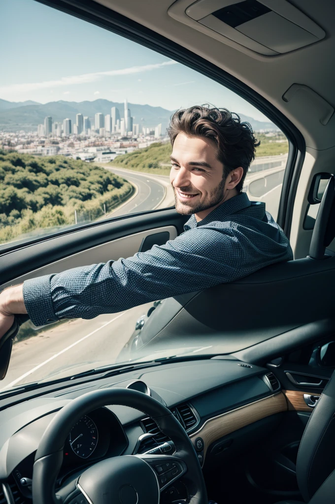 Happy man driving away from the city by car