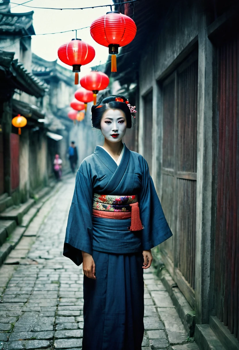 half body, front view, Cinematic portrait movie scene, Julibrary 3: A Geisha (set in Hanoi) in the streets of Hanoi, grungy walls, poors houses, japanese lanterns, crepuscular light, Fujifilm Provia 100F, Fujifilm X100V, Light leaks, 36K, Analog Style