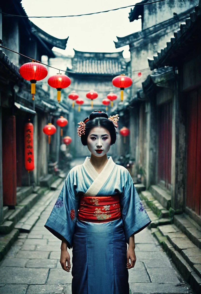 half body, front view, Cinematic portrait movie scene, Julibrary 3: A Geisha (set in Hanoi) in the streets of Hanoi, grungy walls, poors houses, japanese lanterns, crepuscular light, Fujifilm Provia 100F, Fujifilm X100V, Light leaks, 36K, Analog Style