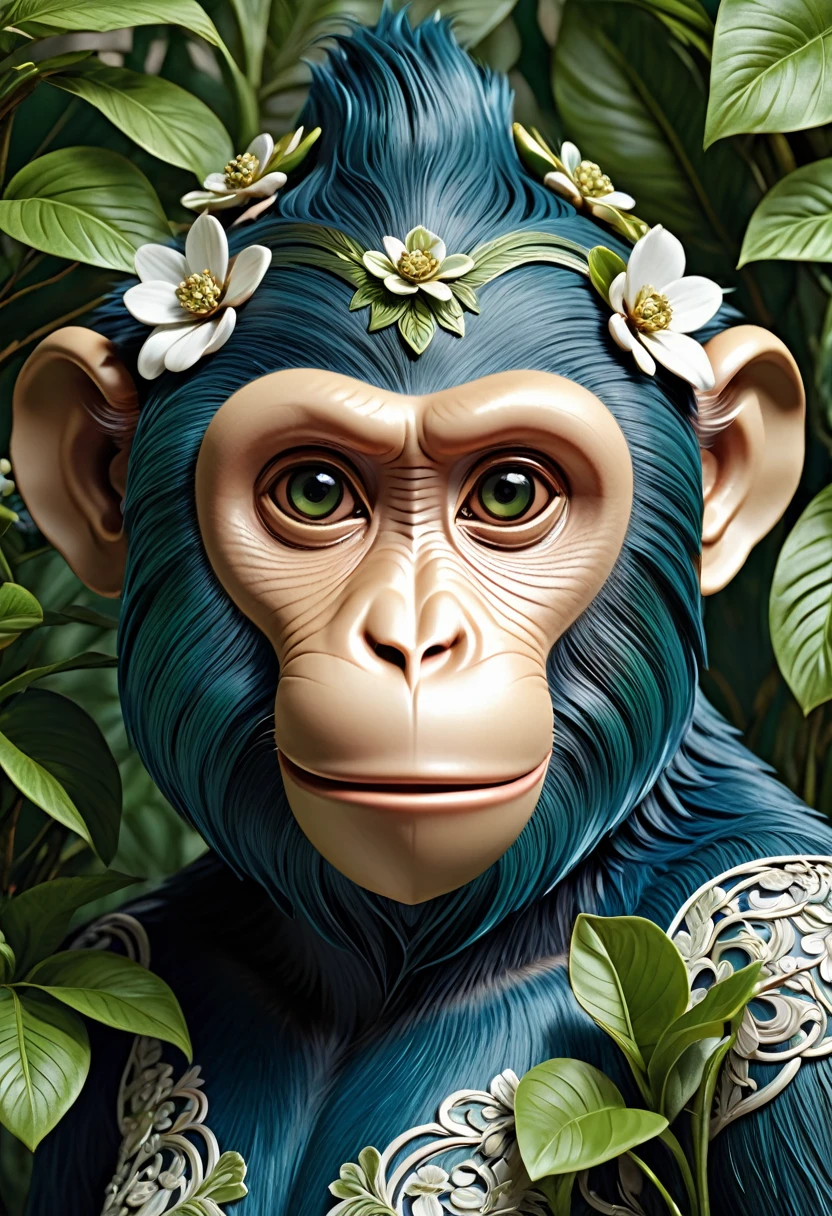 Chimpanzee with indigenous headdress on head, ((meditating)) colorful feathers, facing the camera, detail: sitting in the middle of dense tropical foliage, highly detailed intricate, ((masterpiece)), ultra hyperrealistic, masterpiece