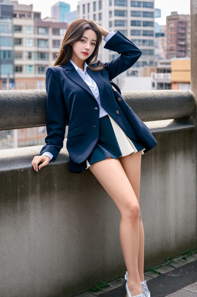 a 19 year old face of the most beautiful actress in the world, the perfect body proportions of a female, blazer is worn on formal shirt, panties between bare legs are seen thanks to skirt is too short, the genitalia of lower body are seen thanks to legs are opened, sitting on a chair of the city, best quality, highly detailed, masterpiece, ultra high res, photo realistic, 8k