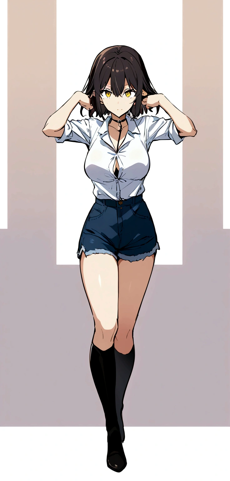 (depicting a single moment from a manga for adults), (hand-drawn), ((simple line art)), ((manga-style line art background)), ((pubic hair, school uniform, round face, eyes with realistic sizing, drooping eyes, blush, sweat, shame smile, thin lips, spread her legs)), (((standing to hit her crotch the corner of the table, orgasm))), open mouth,
