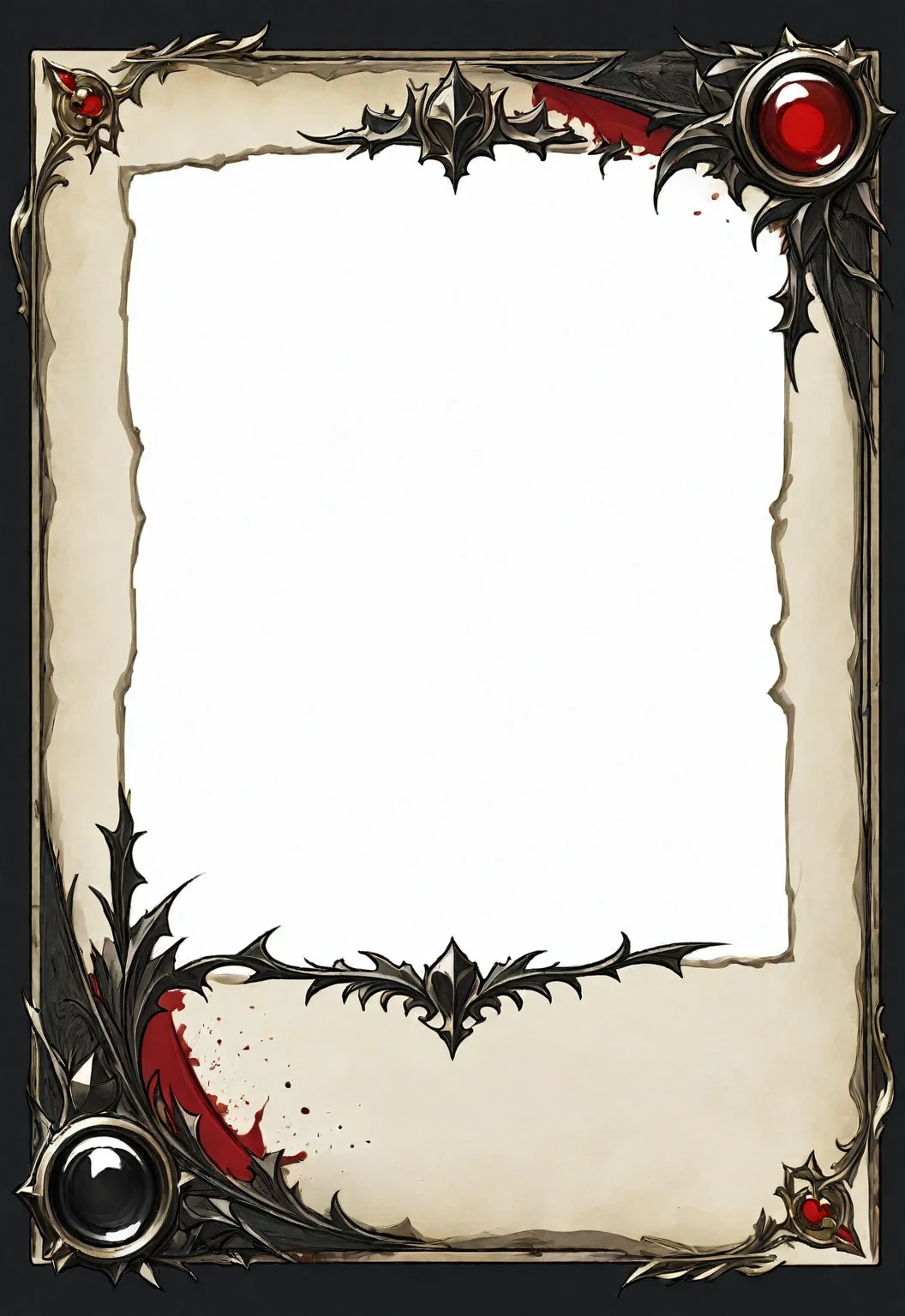 A card border UI，Medieval European fantasy style，Suspense style，Profile Style。Leave a square blank space in the middle，Parchment backing，There are blood stains on it。Black and White、yellowish、Dark red main color。