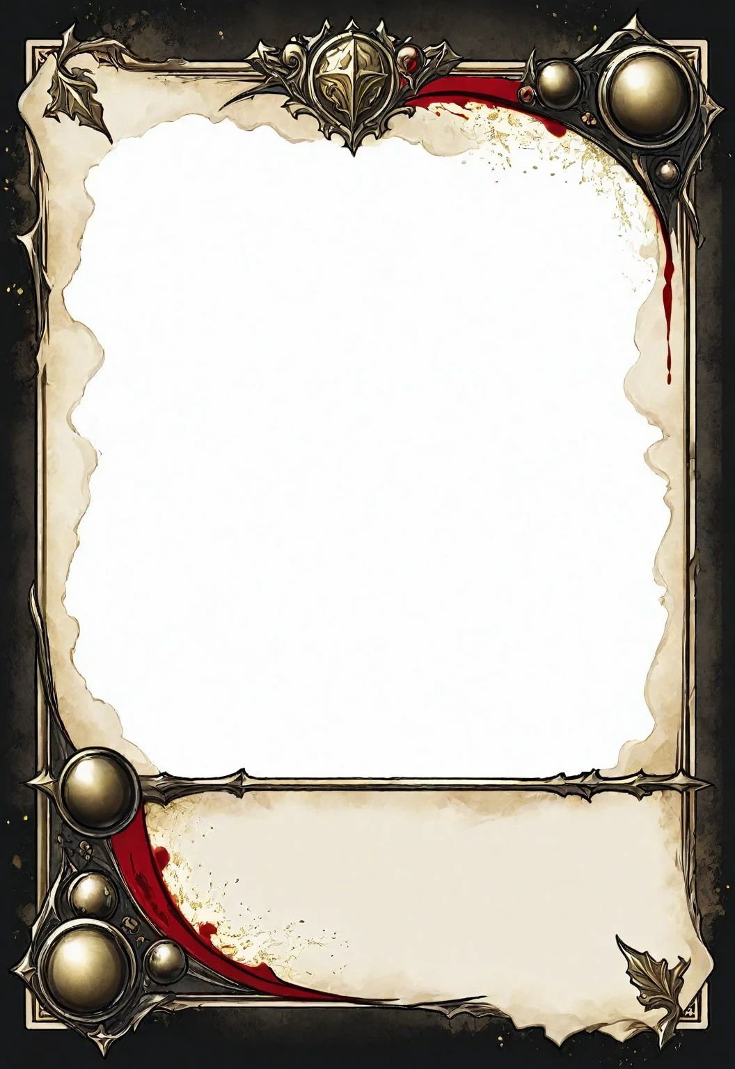 A card border UI，Medieval European fantasy style，Suspense style，Profile Style。Leave a square blank space in the middle，Parchment backing，There are blood stains on it。Black and White、yellowish、Dark red main color。