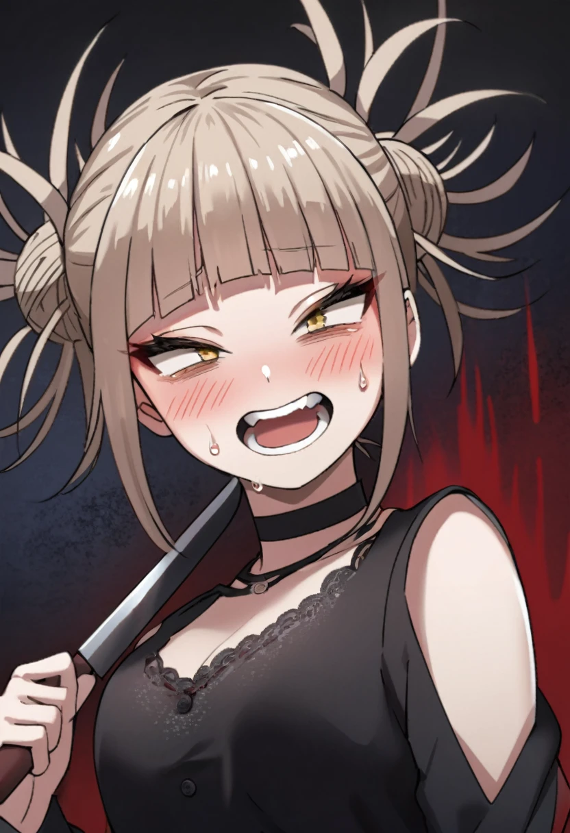 Himiko Toga、Holding a knife、Embarrassed、Rain of blood、Dark Room、Pitch Black Night、Night Sky