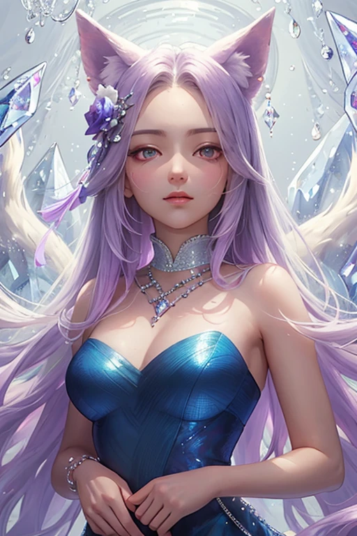 ((best quality)), ((masterpiece)), (detailed), humanoid, rainbow colored kitsune, crystal crown, light purple hair, light purple fox ears, crystallized foxtails, crystal face markings