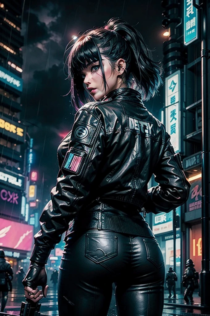 woman,smoking,holding cigarette,(looking ahead,:2),spectacular cyberpunk city background,neon,(rain:1.4),wet hair,(black and white leather jacket:1.2),black hair,blue eyes,(masterpiece, top quality, best quality,detailed,highres, official art, beautiful and aesthetic,:1.2),colorful,8k,