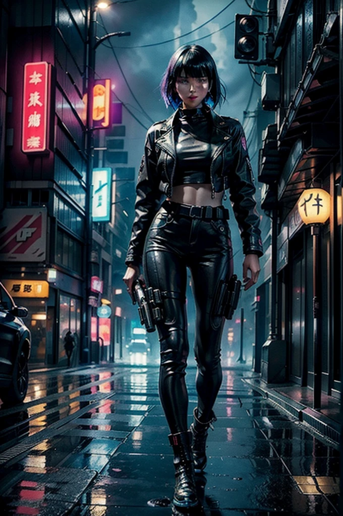 beautiful cyberpunk neon girl ((Calling Cards Call of Duty aesthetic style::1)), (masterpiece), highest quality, sharp focus,shortcut、beautiful japanese、rainy city、blade runner、ghost in the Shell、black leather jacket and leather pants、A dynamic pose