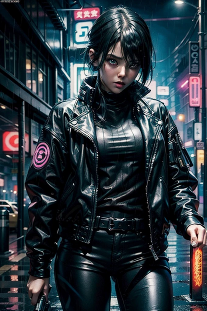 beautiful cyberpunk neon girl ((Calling Cards Call of Duty aesthetic style::1)), (masterpiece), highest quality, sharp focus,shortcut、beautiful japanese、rainy city、blade runner、ghost in the Shell、black leather jacket and leather pants、A dynamic pose