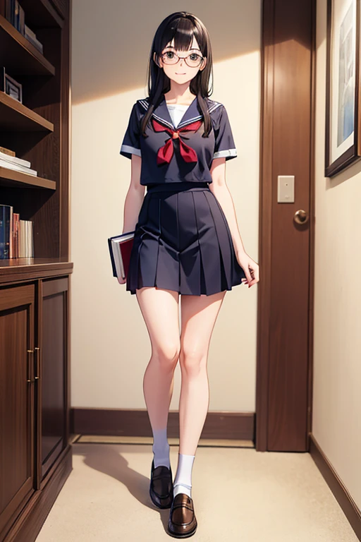 Anime Art、Full body portrait、high school student、A well-built woman, about 175cm tall and about 18 years old, wearing a short-sleeved sailor uniform, walking with a book、Smiling、Hairstyle is medium、Black Hair、Glasses、Brown eyes、Flat chest、loafers、legs are thick、Long skirt that reaches down to the ankles、Black Pantyhose