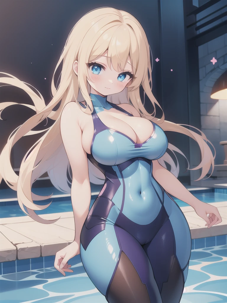 master-piece, bestquality, 1girls,16 years old, View viewers from front, HD, slight smile, big tits, deep cleavage, tights cloth, , tiny body, pool, under tits cleavage, look down, stand up, blue bodysuit, samus aran, wide hips, under tits,