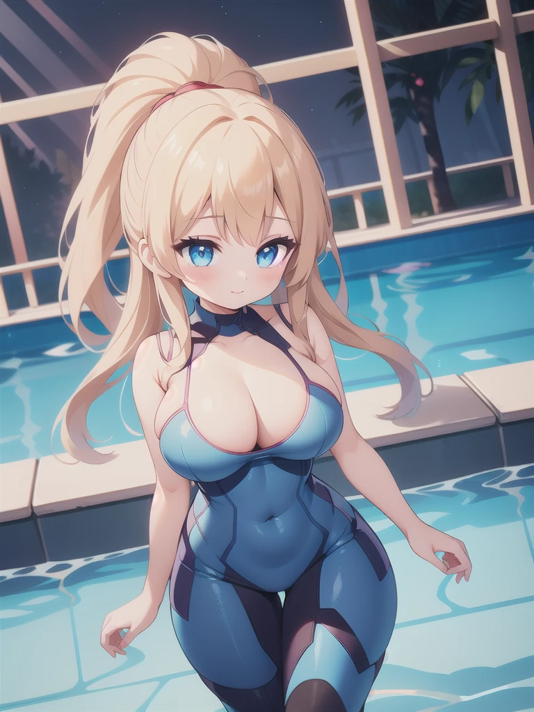 master-piece, bestquality, 1girls,, View viewers from front, HD, slight smile, big tits, deep cleavage, tights cloth, , tiny body, pool, under tits cleavage, look down, stand up, blue bodysuit, samus aran, wide hips, under tits,