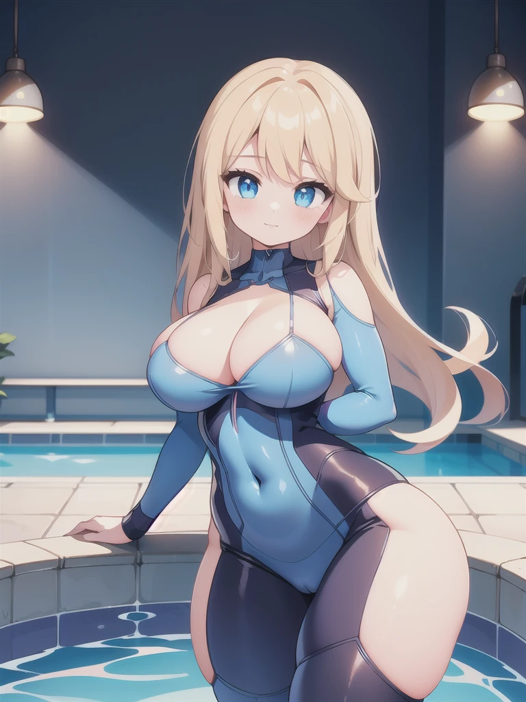 master-piece, bestquality, 1girls,, View viewers from front, HD, slight smile, big tits, deep cleavage, tights cloth, , tiny body, pool, under tits cleavage, look down, stand up, blue bodysuit, samus aran, wide hips, under tits,