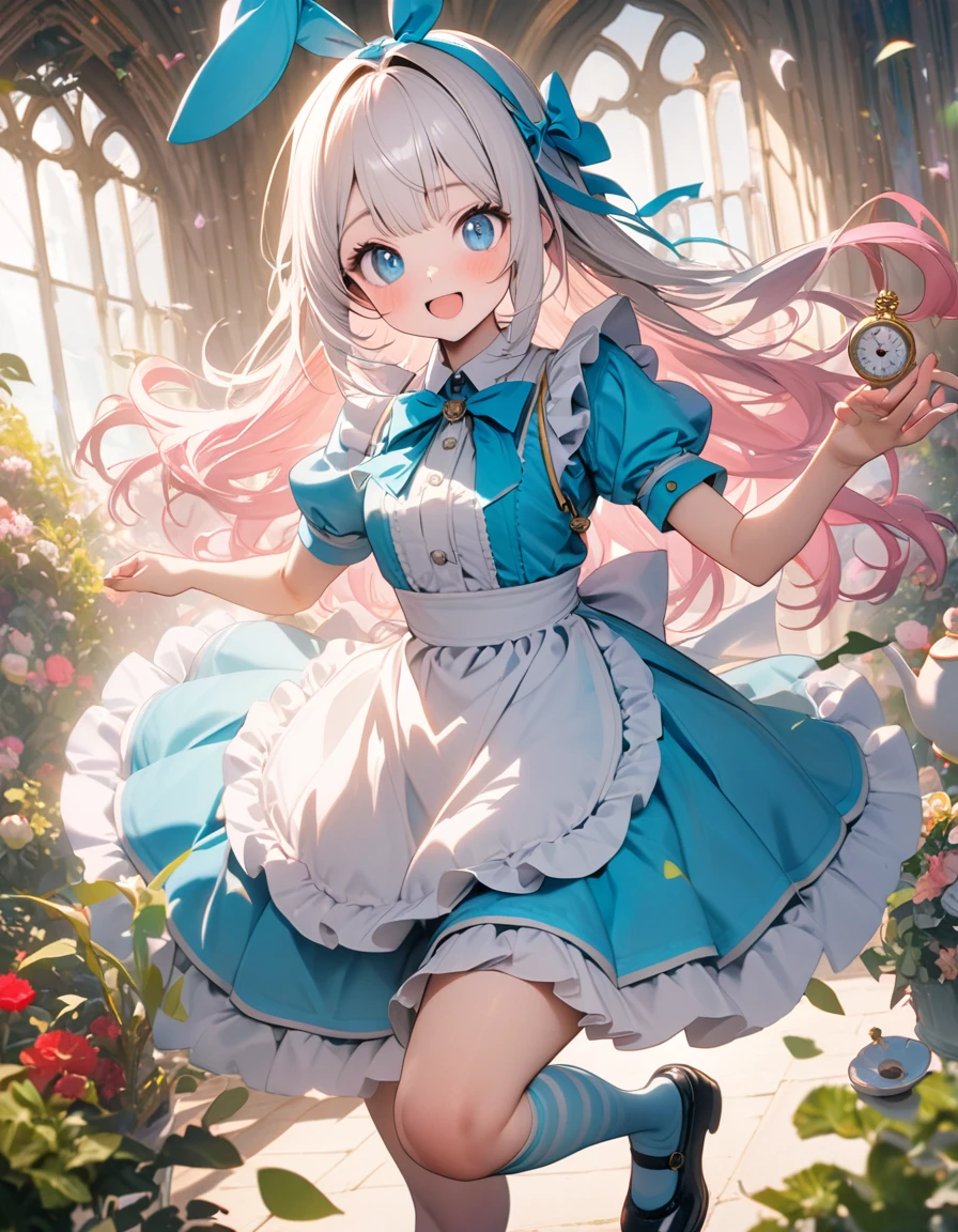 (8K, best quality, master piece: 1.2), super high resolution, ultra-detailed face, detailed eyes,perfect hands,black facinator ribbon decoration:1.2,perfect fingers,blue eyes,gradient hair(white hair, light pink hair) , long hair, Aqua ta fashion, white frilled apron,happy, Alice costume,striped pattern over-kneehighs,mary janes,teacup and teapot and Pocket watch are floating in the air,Alice is flying and dynamic pose,rim light, cute,one rabbit is flying, Look at viewer,garden
