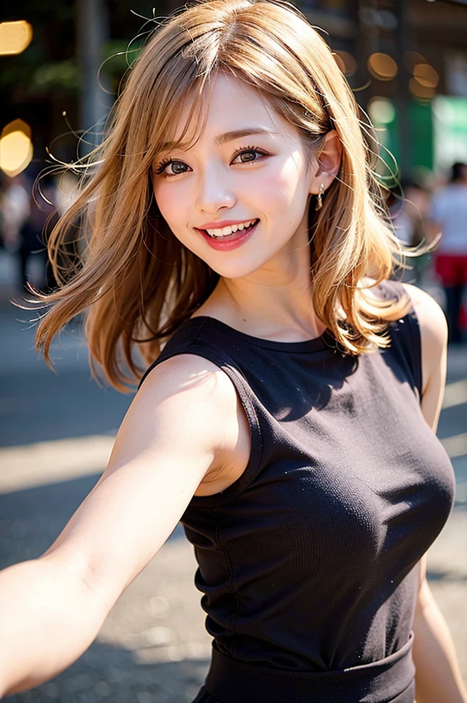 (8K, Raw photo:1.2), Detailed face and eyes, Best Quality, a beautiful girl, (huge Laughing:1.2), (open mouth:1.1), Soft cinematic light, Hyper-detailing, Sharp Focus, High quality, Blonde hair, bob cuts, Blurred Background, Particles of light, Strong winds,