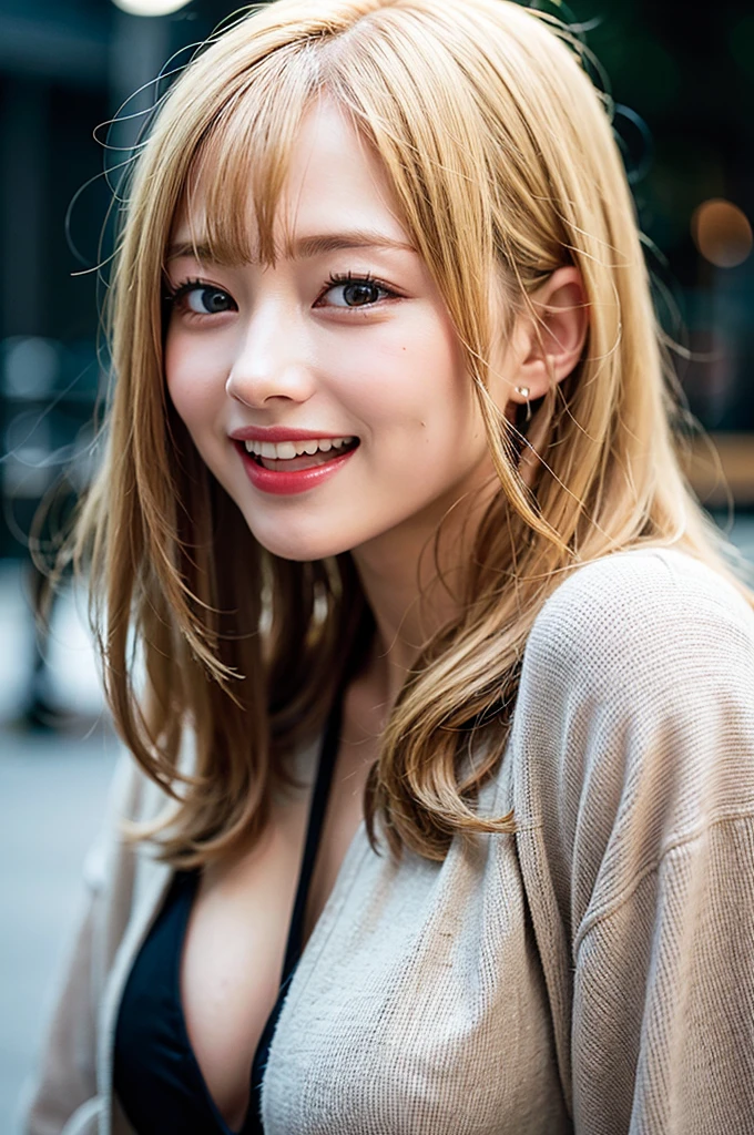 (8K, Raw photo:1.2), Detailed face and eyes, Best Quality, a beautiful girl, (huge Laughing:1.2), (open mouth:1.1), Soft cinematic light, Hyper-detailing, Sharp Focus, High quality, Blonde hair, bob cuts, Blurred Background, Particles of light, Strong winds,