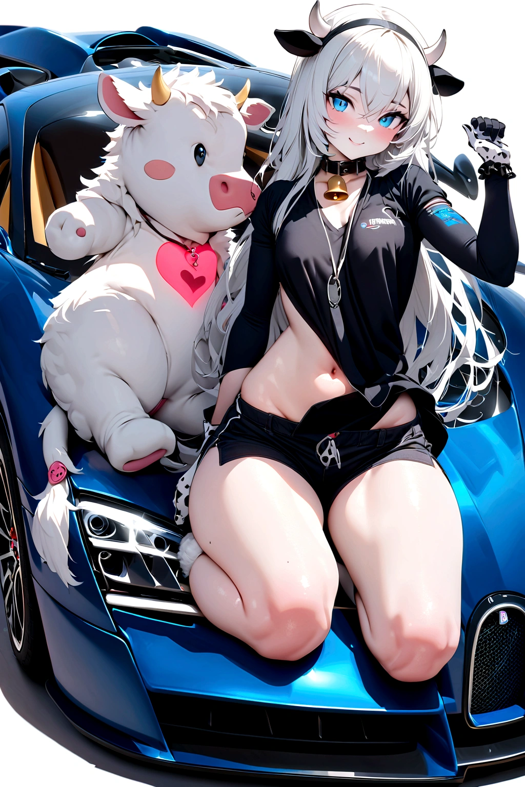 femboy, furry cow,  and cute, short white hair, shorth hair, blue colored eyes, god of eyes, detailed artwork, extremely detailed artwork, white and fluffy skin, white skin with black spots, extremely high detailed skin, black and white silk gloves, short black shirt with heart, belly sample, hair on thighs, short shorts (blackw), detailed thighs, cute thighs, cow&#39;s tail, sitting on knees, black and white silk socks, collar with bell around the neck, groin sample,  cute smile, detailed groin, Cute pose, small and cute, shining skin, shiny thighs, sitting on knees, no private parts, Youngh, leaning against a Bugatti Veyron car, Bugatti azul, detailed back ground, Youngh femboy, boy