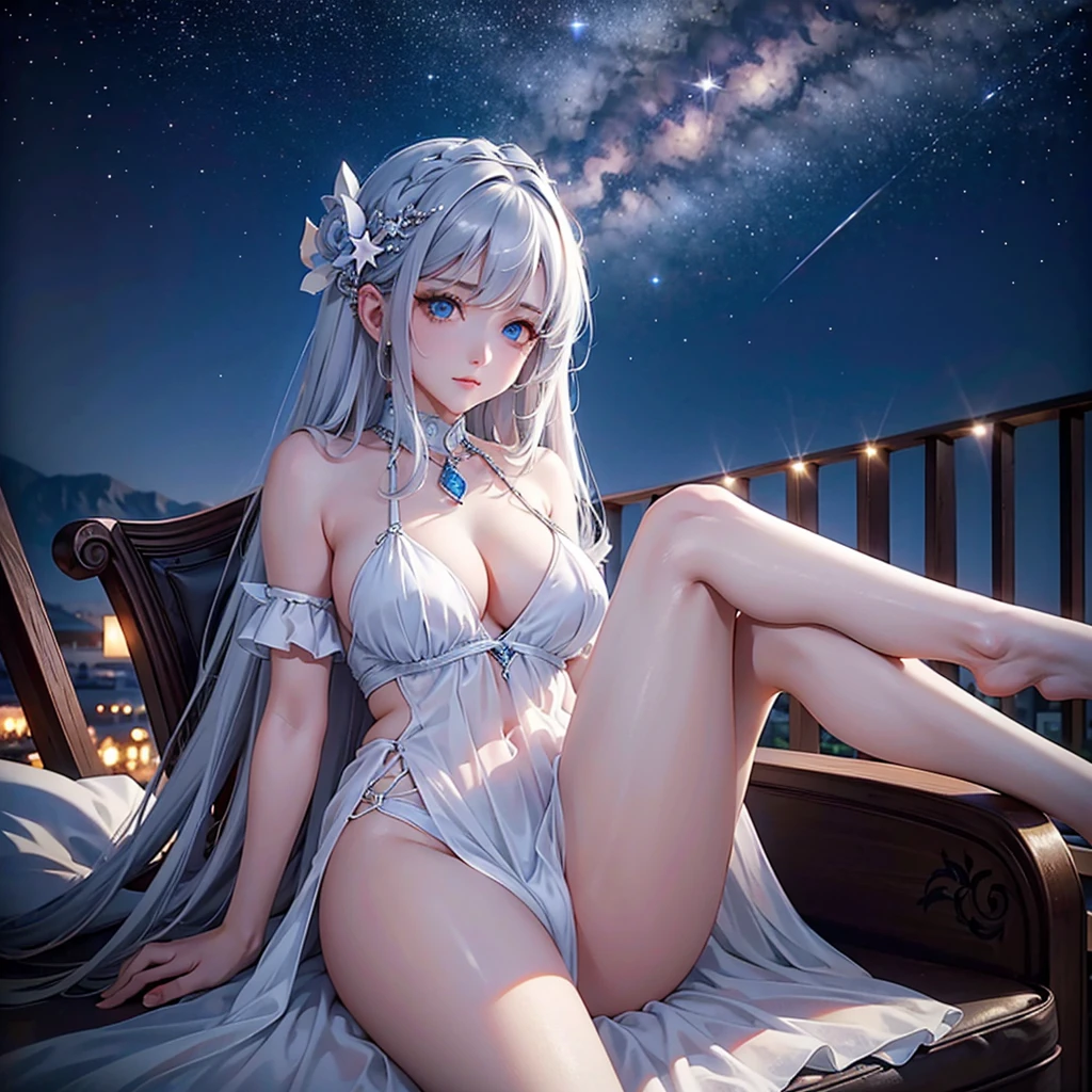 A detailed portrait of a girl sitting outdoors at night, looking at the starry sky with the milky way, surrounded by a night cityscape with buildings silhouetted against the night sky, long white hair. wearing a slightly revealing dress, sexy legs, precise cleavage, (best quality, 4k, 8k, high resolution, masterpiece: 1.2), ultra detailed eyes and face, extremely detailed blue eyes, beautiful detailed eyes, beautiful detailed lips, sky, stars, landscapes, starry night, night, 1 girl.