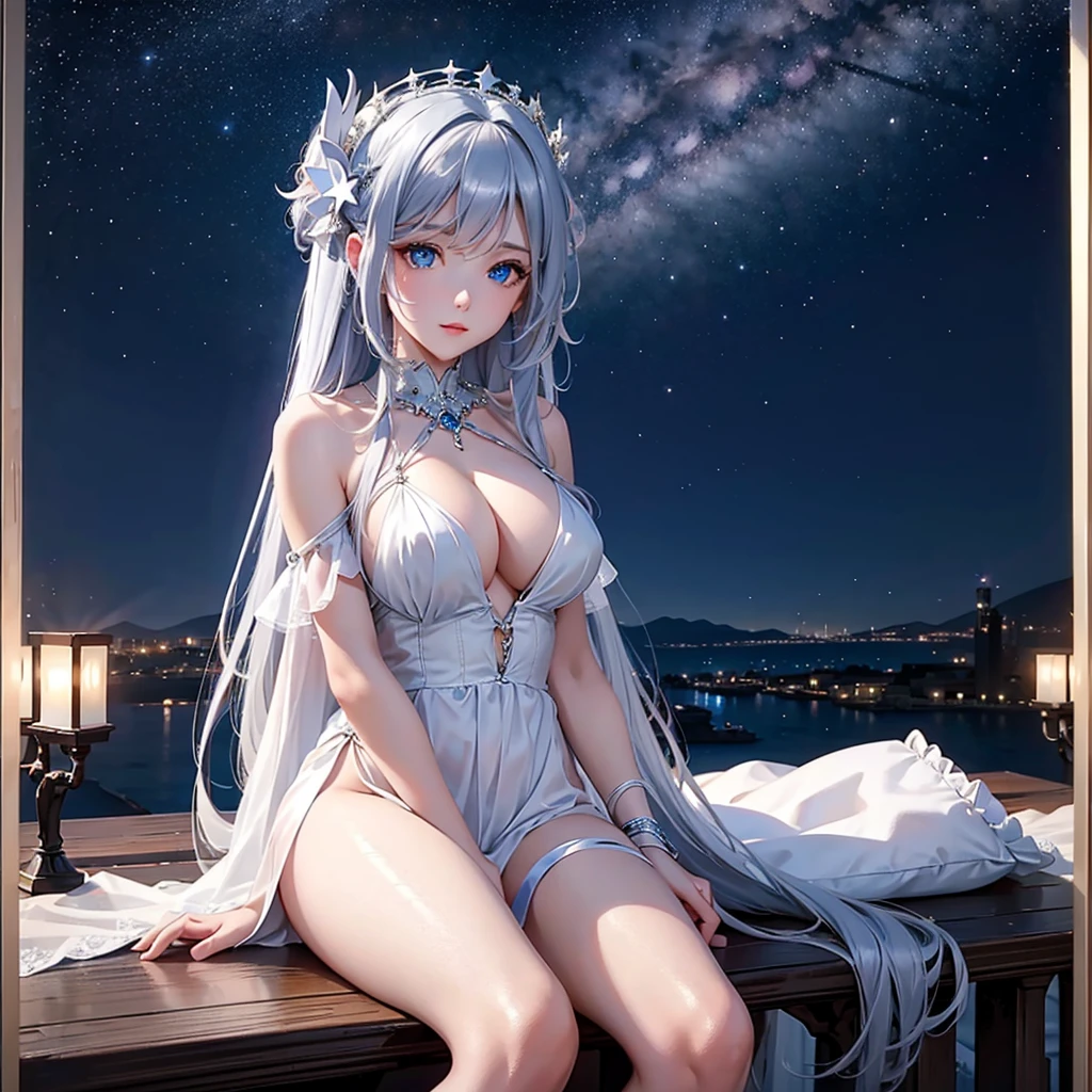A detailed portrait of a girl sitting outdoors at night, looking at the starry sky with the milky way, surrounded by a night cityscape with buildings silhouetted against the night sky, long white hair. wearing a slightly revealing dress, sexy legs, precise cleavage, (best quality, 4k, 8k, high resolution, masterpiece: 1.2), ultra detailed eyes and face, extremely detailed blue eyes, beautiful detailed eyes, beautiful detailed lips, sky, stars, landscapes, starry night, night, 1 girl.