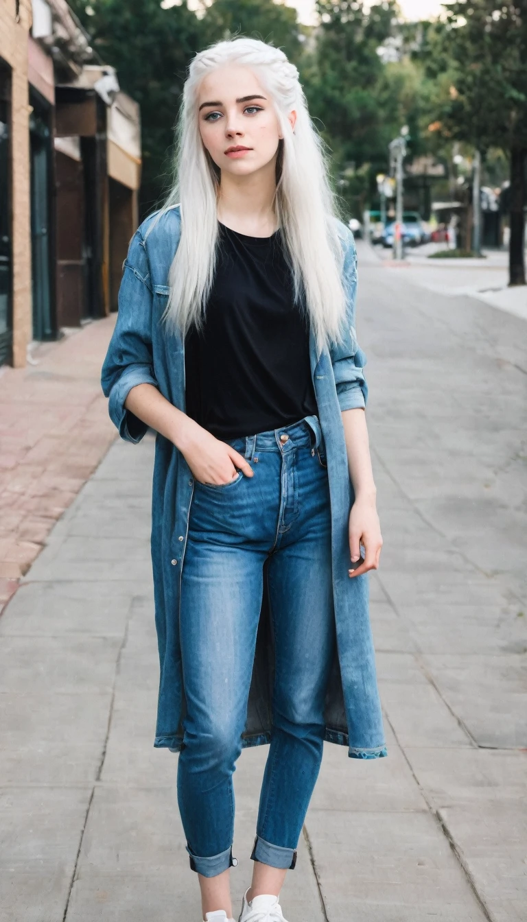 17 year old girl with white hair, White skin, blue eyes and jeans full body