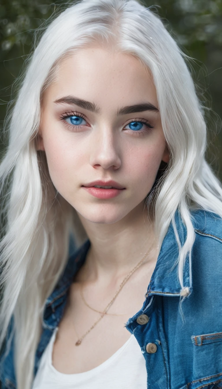 17 year old girl with white hair, White skin, blue eyes and jeans full body 